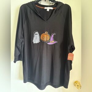 Halloween NWT Women’s Black Hoodie with Ghost and Pumpkin Design. Size 2X
